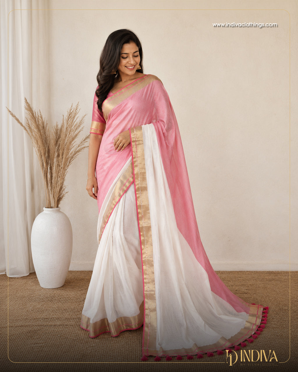 White and pink color half and half mul cotton saree with fancy tassel work
