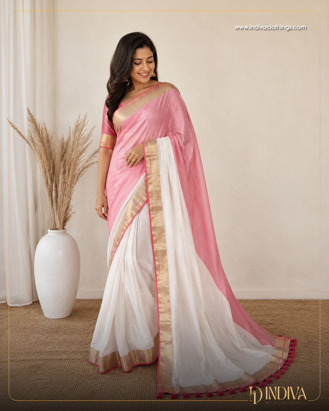 White and pink color half and half mul cotton saree with fancy tassel work