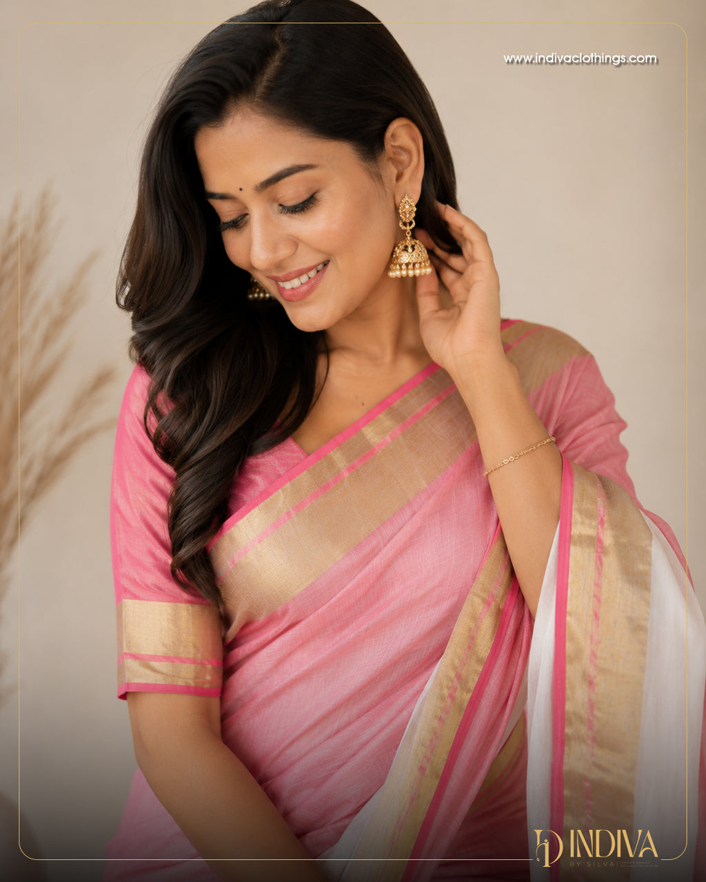 White and pink color half and half mul cotton saree with fancy tassel work