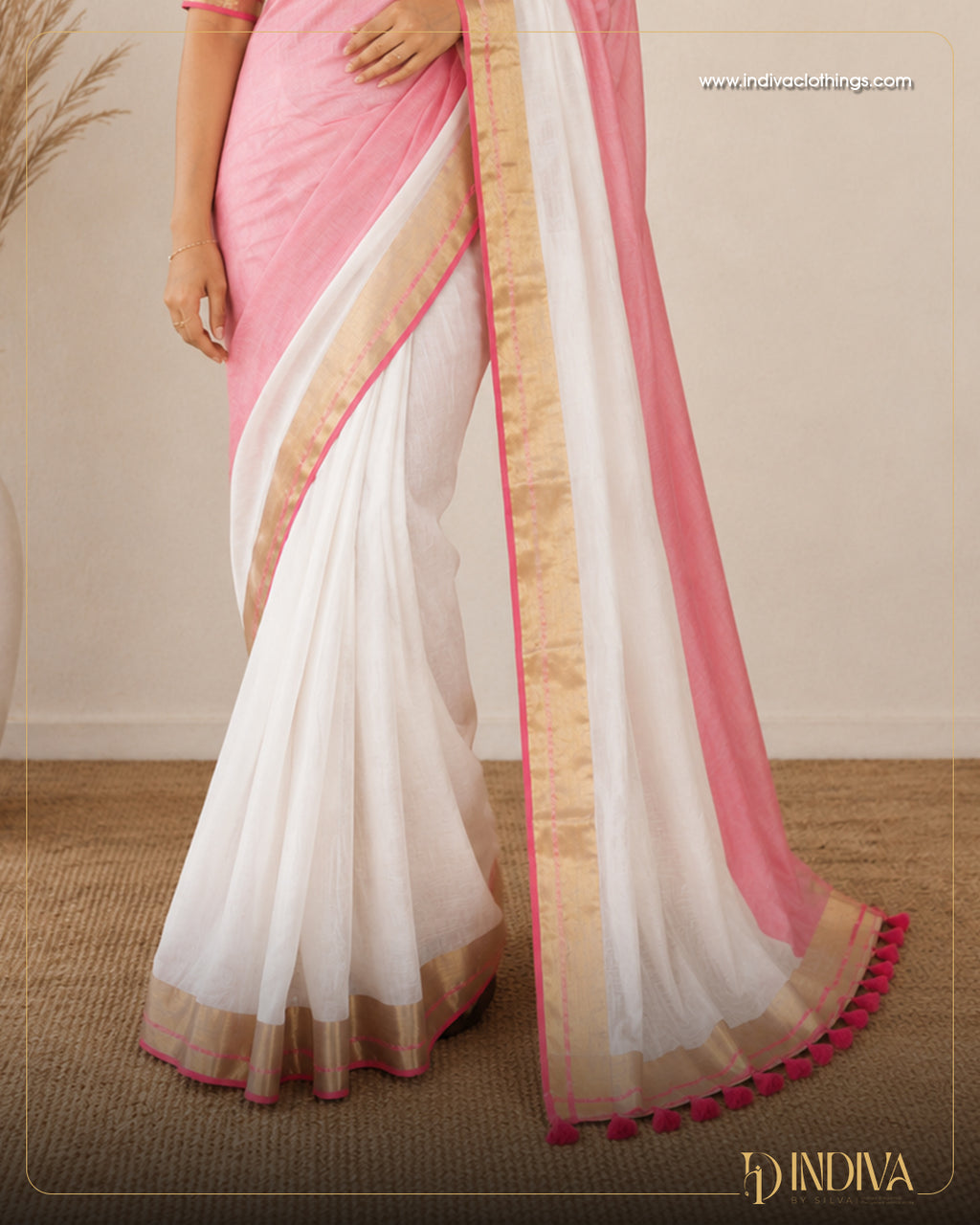 White and pink color half and half mul cotton saree with fancy tassel work