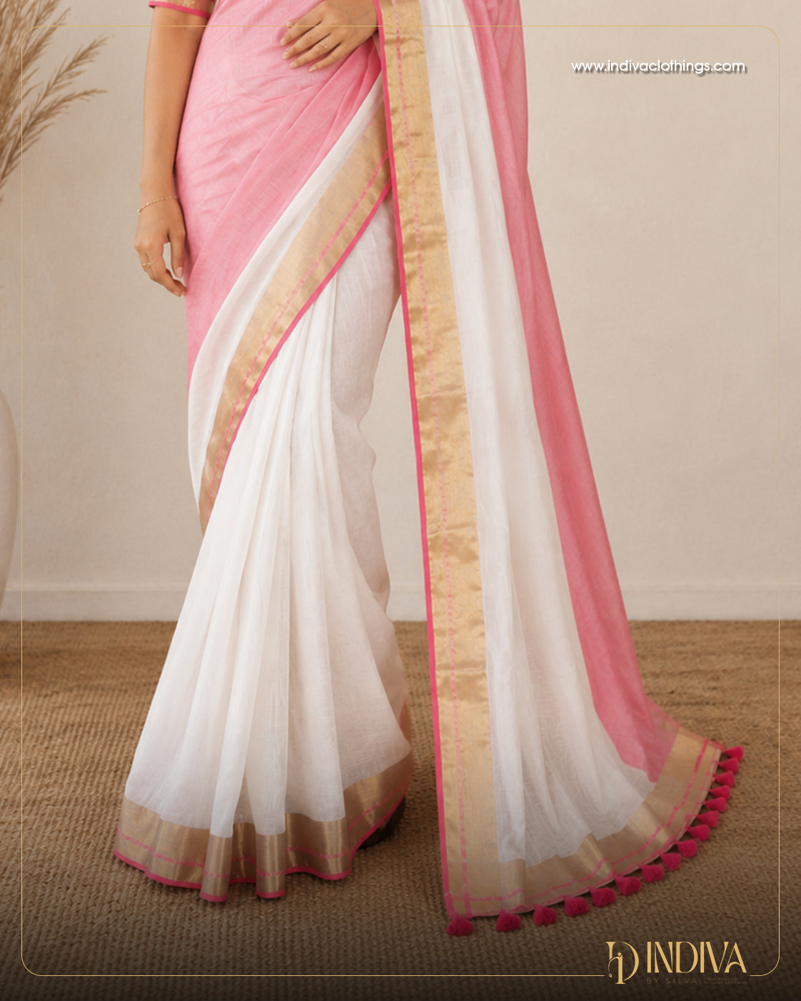 White and pink color half and half mul cotton saree with fancy tassel work