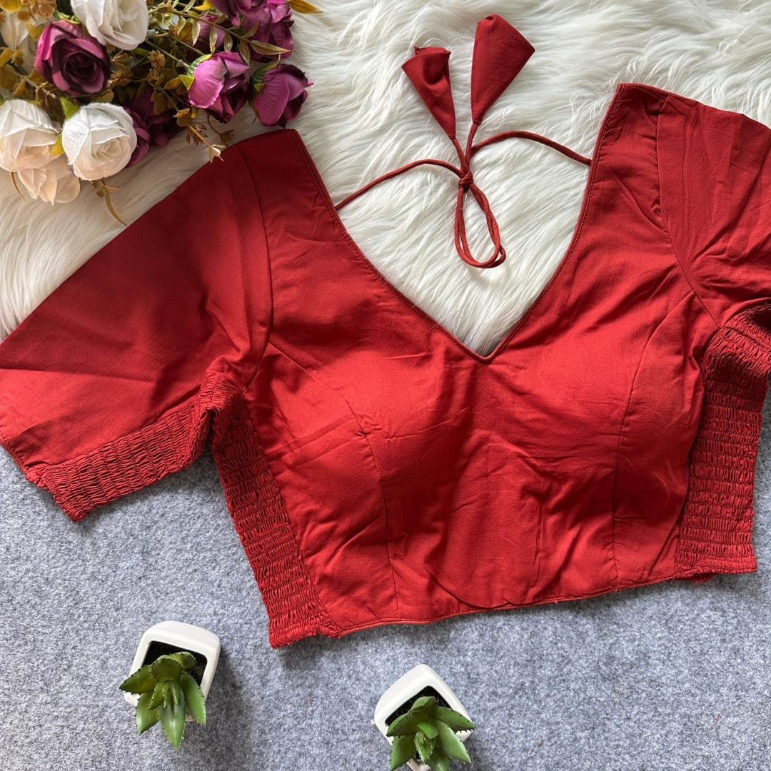 Red color pure cotton blouse with elastic attach for fitting