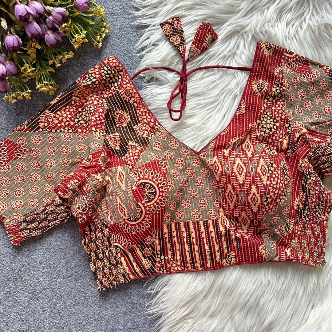 Maroon color soft cotton side elastic blouse with ajrakh printed work