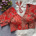 Red color soft cotton side elastic blouse with ajrakh printed work