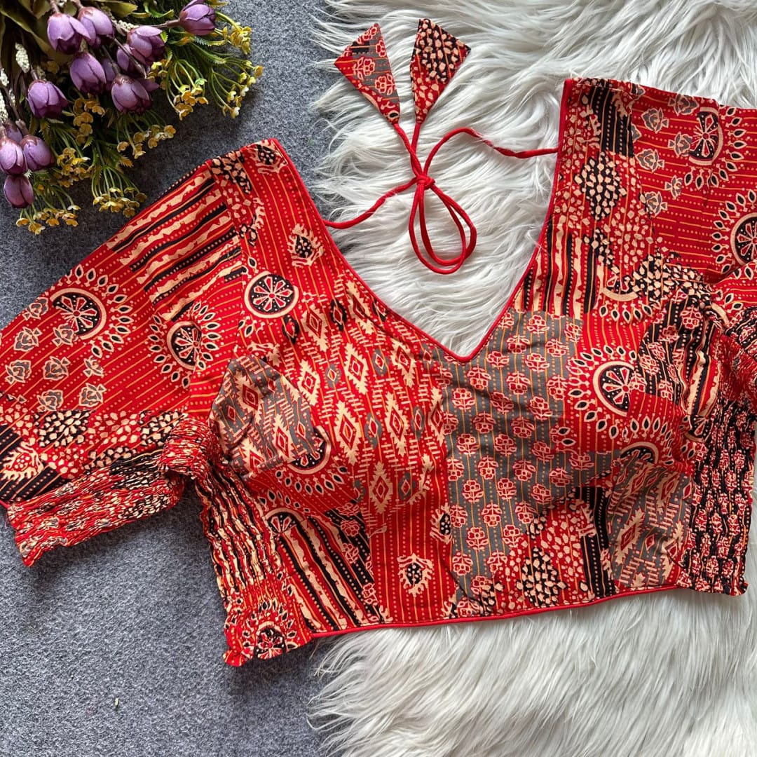 Red color soft cotton side elastic blouse with ajrakh printed work
