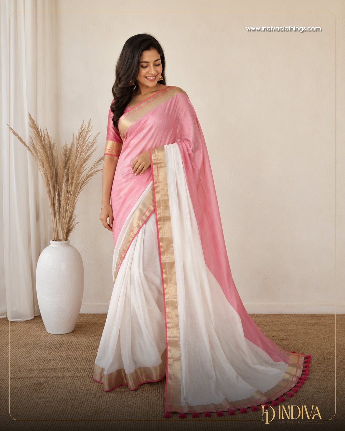 White and pink color half and half mul cotton saree with fancy tassel work - Indiva By Silva
